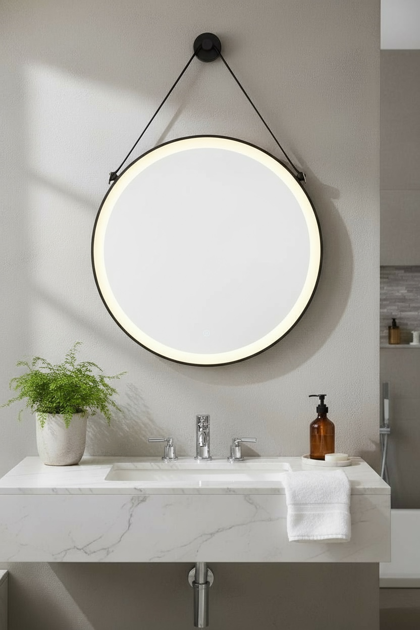 Round led mirror with black strap