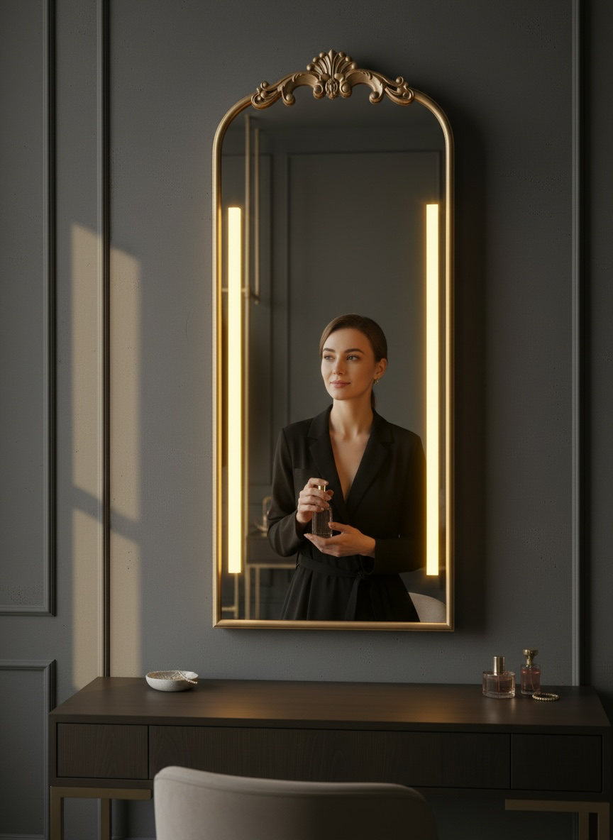 Gold carved full length led mirror