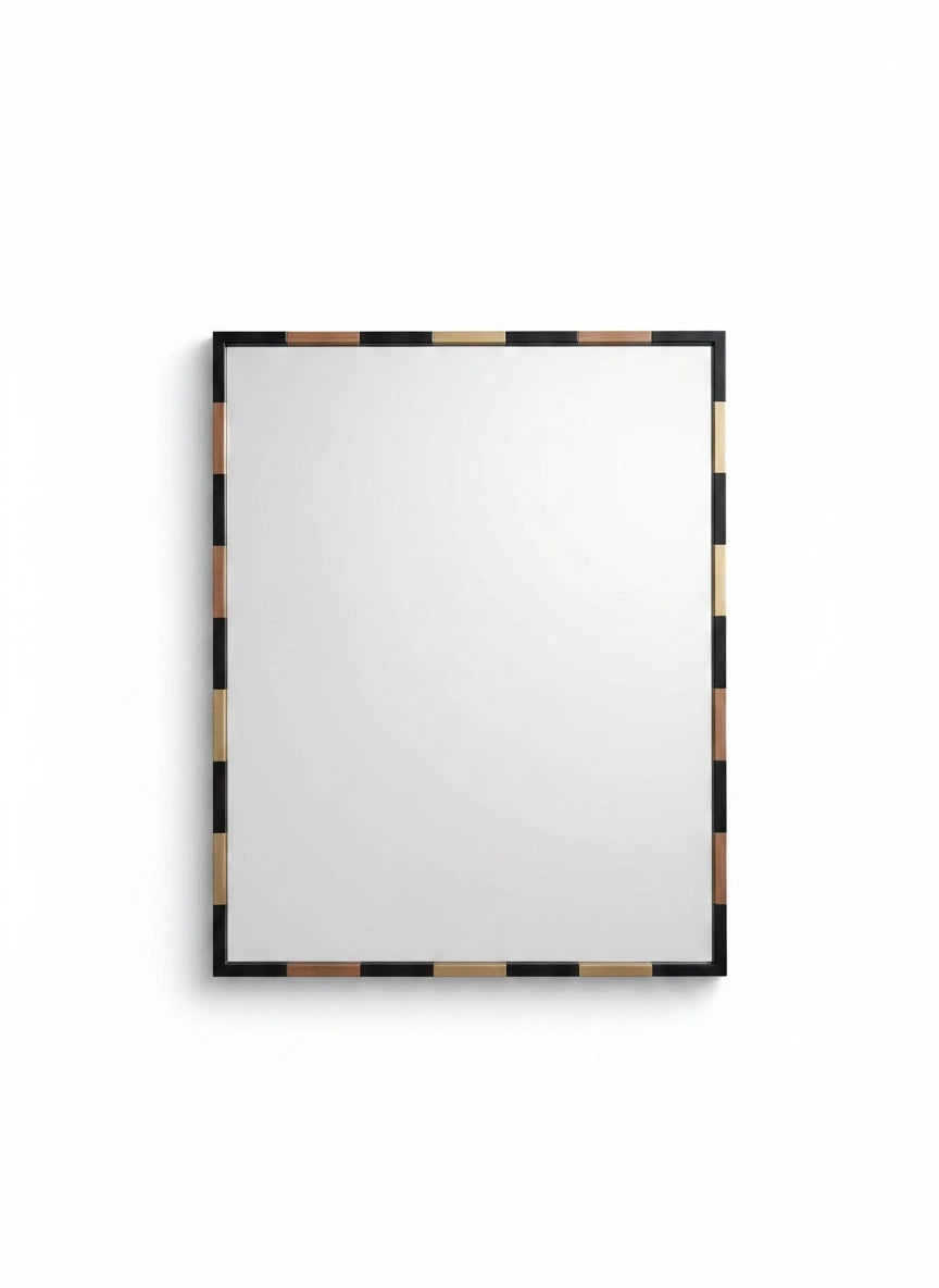 Rectangular mirror with a black and gold frame on a white background