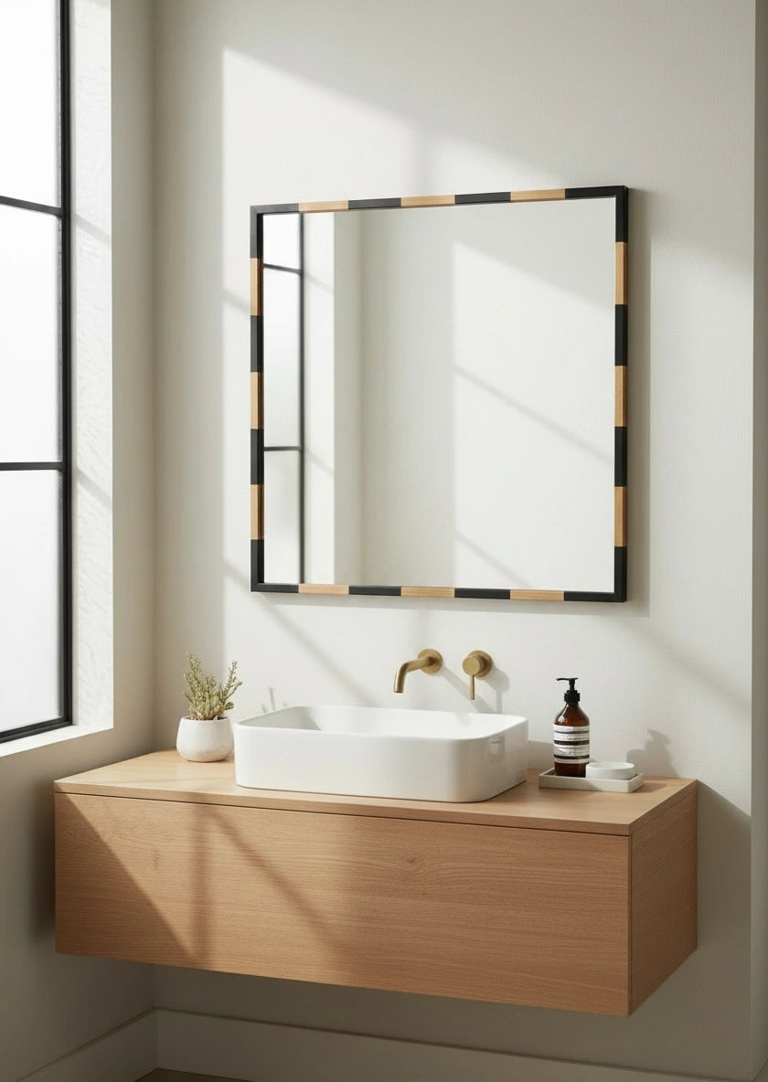 Bathroom vanity with a mirror, sink, and decorative items.