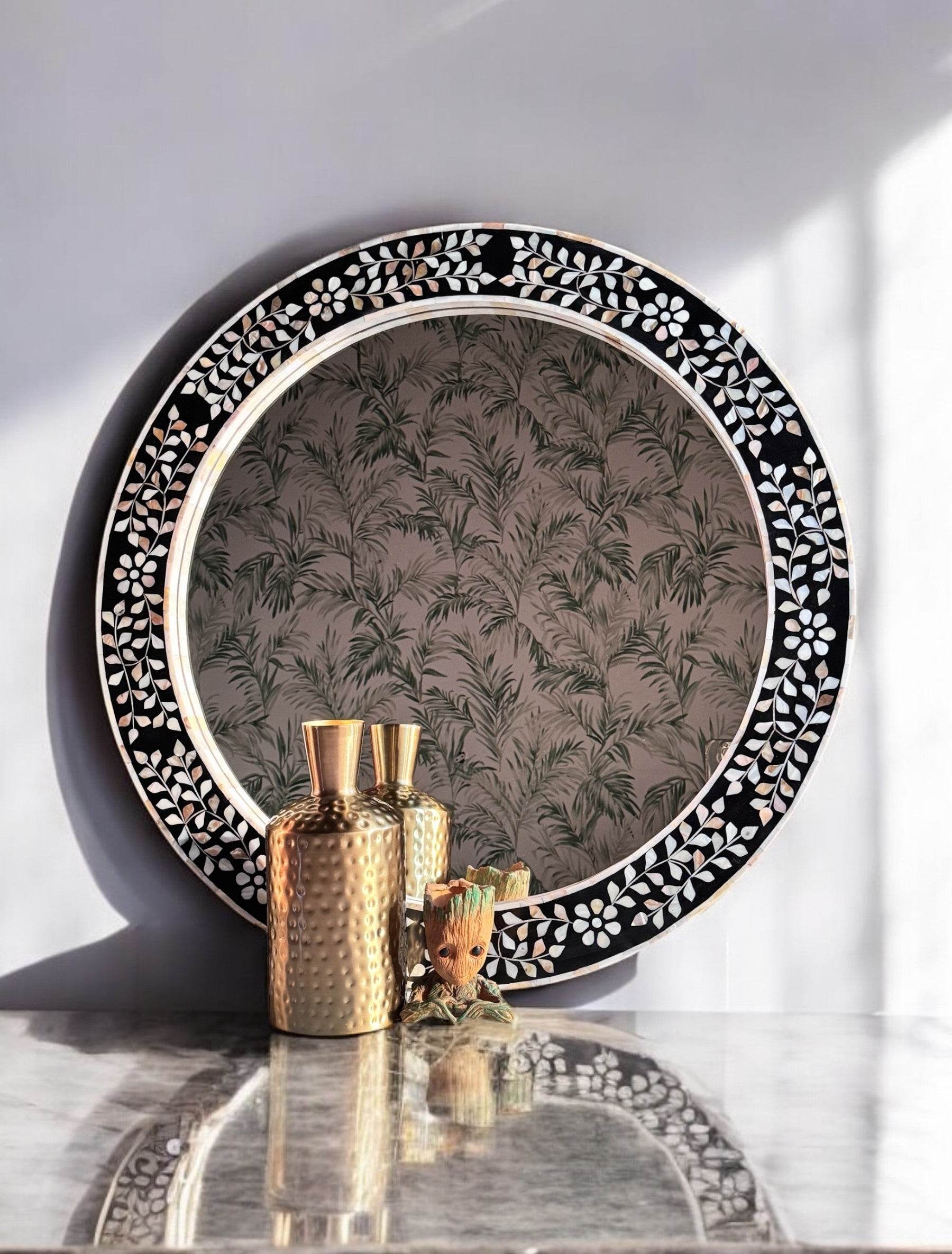 Floral Mother of pearl round mirror - Mirrorwalla