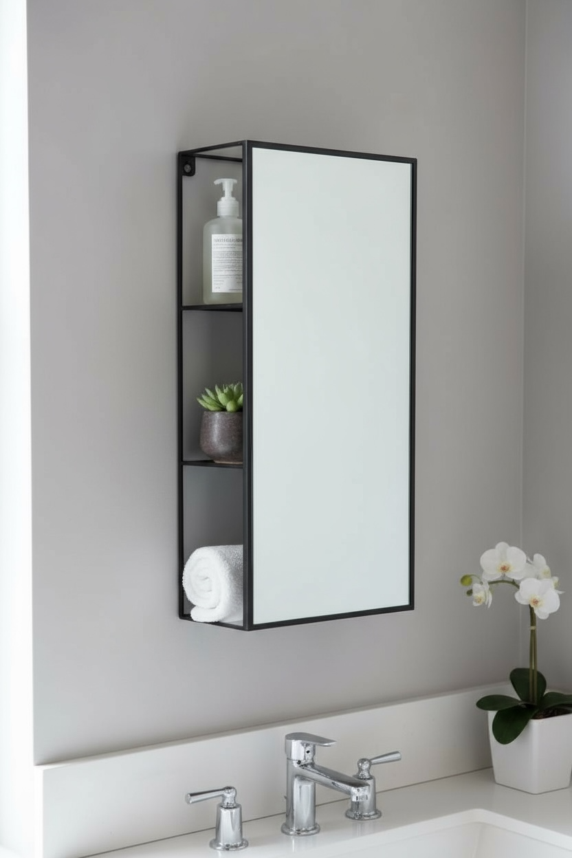 Black Metal Storage Mirror