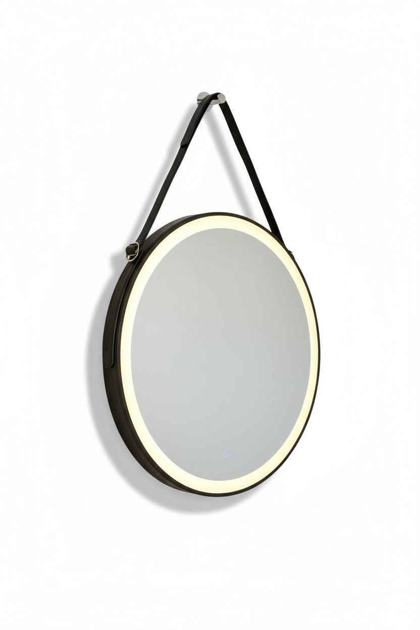 Round led mirror with black strap