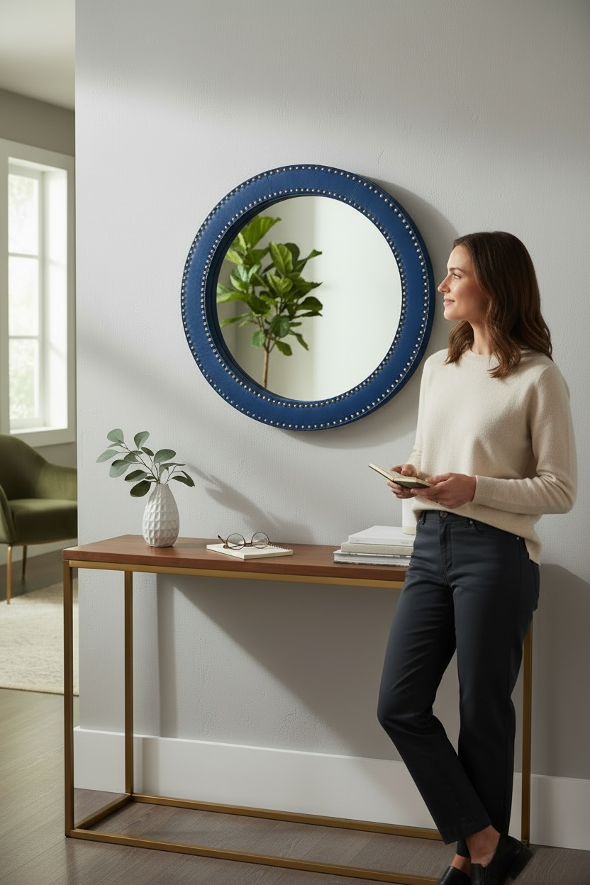 Blue Velvet Round Mirror