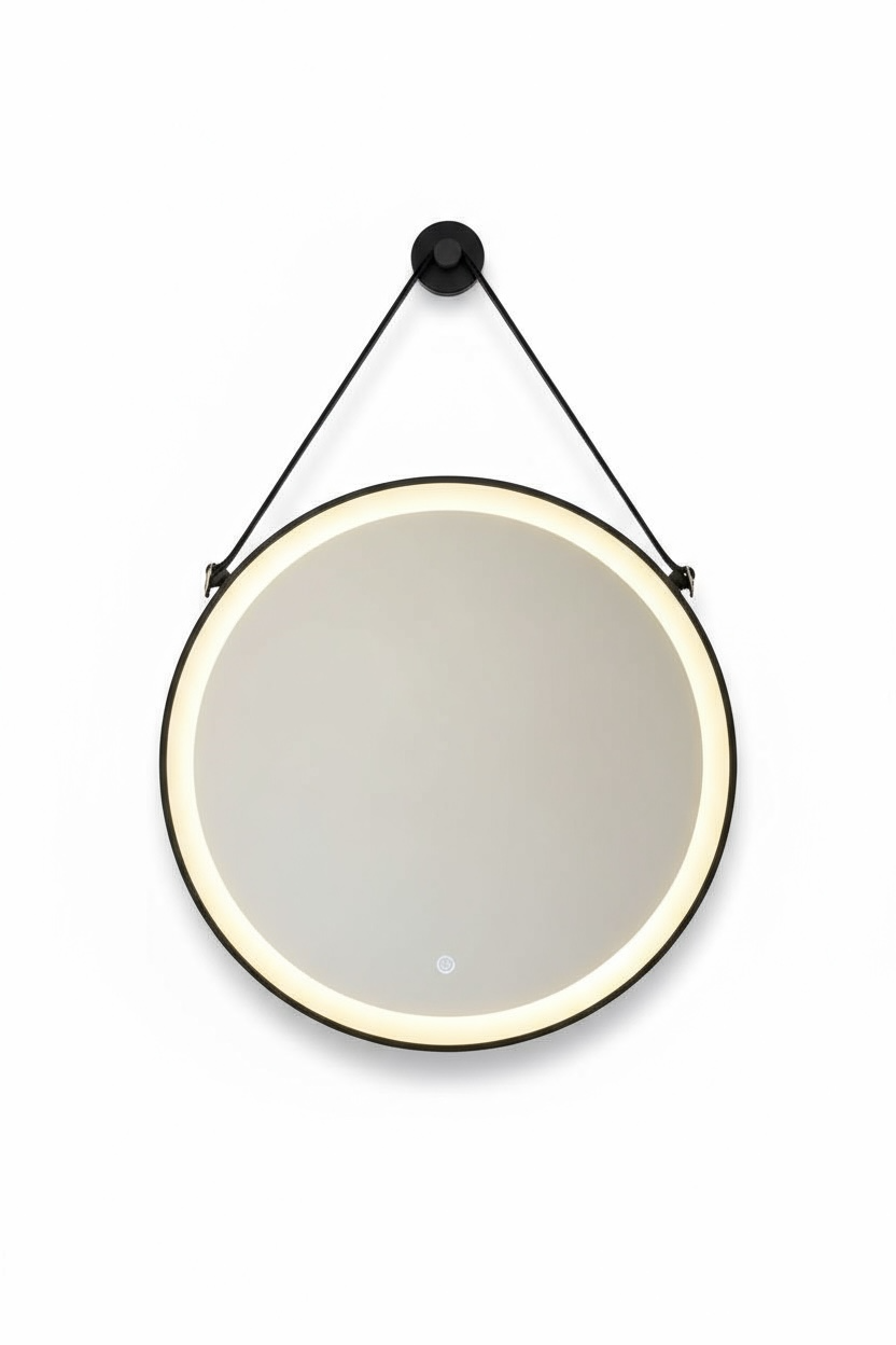 Round led mirror with black strap