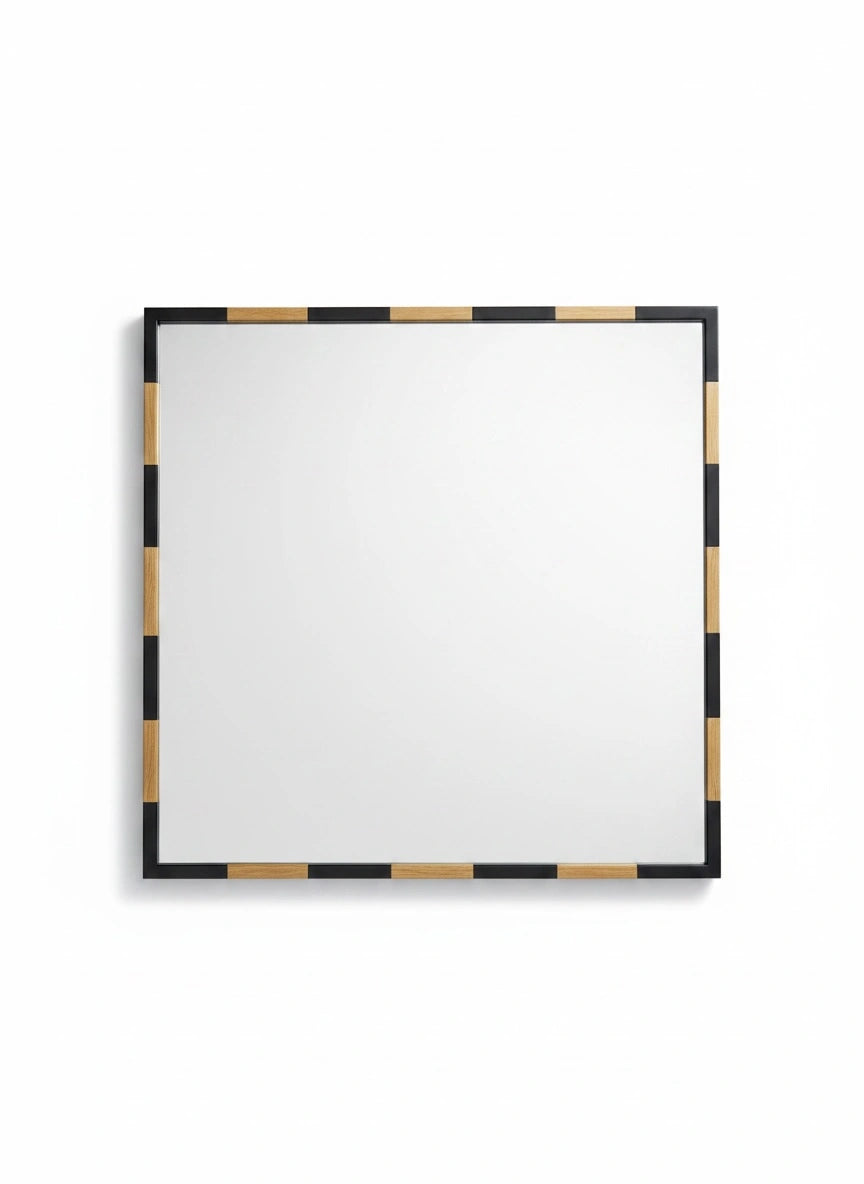 Rectangular mirror with a black and gold frame on a white background