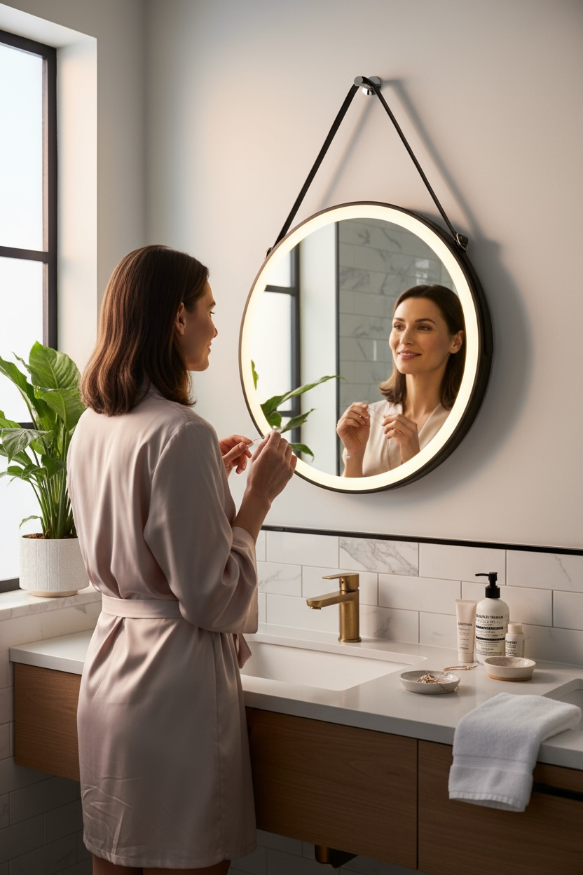 Round led mirror with black strap