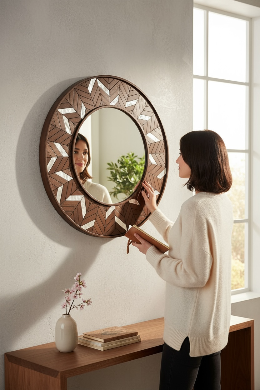 Round wood & glass leafs dc mirror