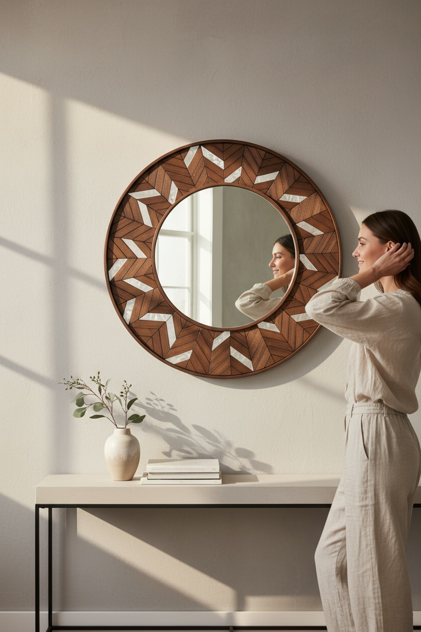 Round wood & glass leafs dc mirror