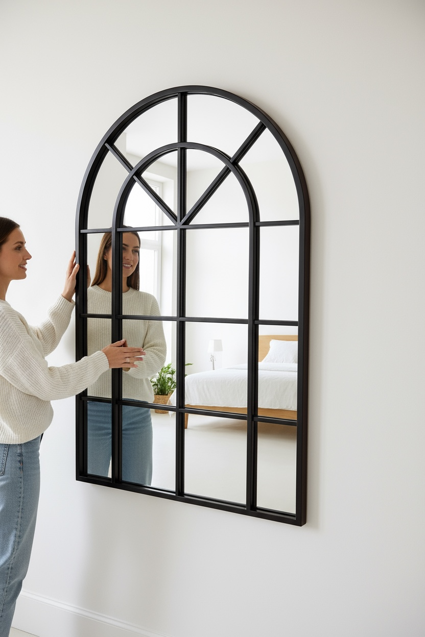 Black arch window style mirror