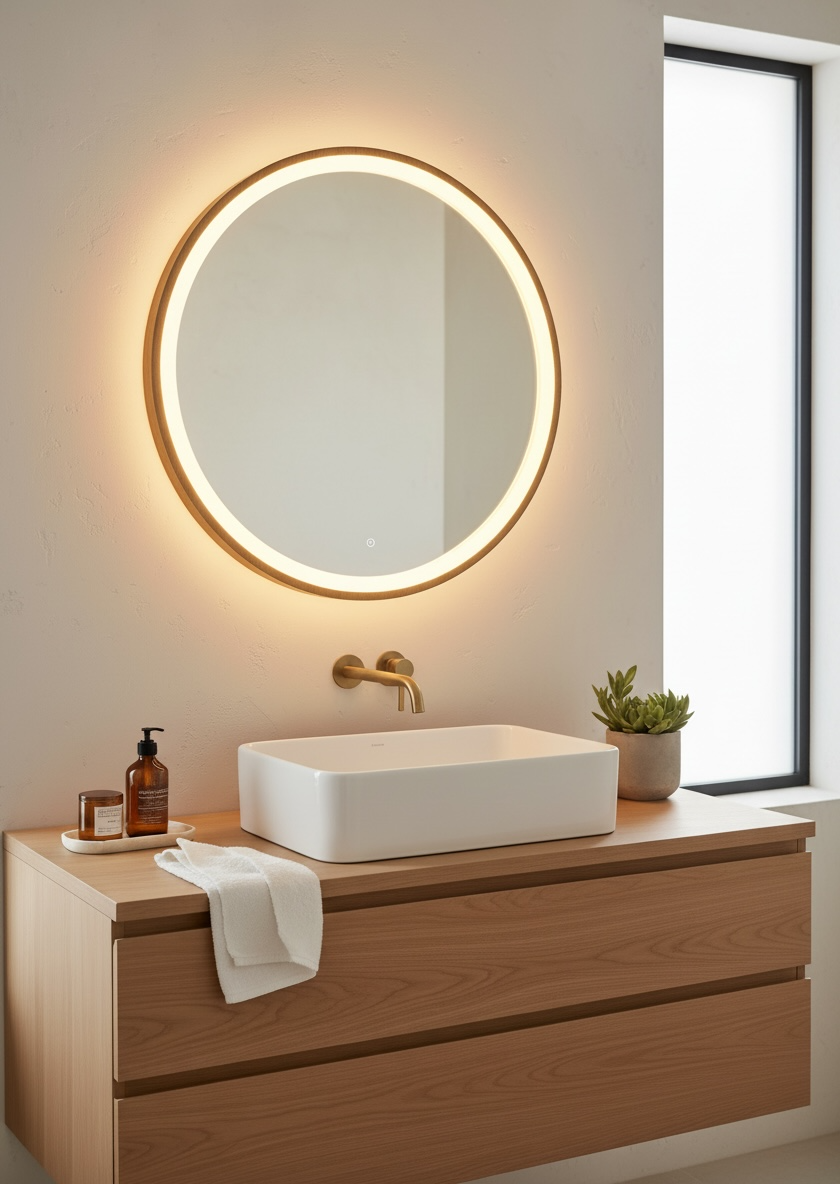 LED Mirror With Wooden Frame