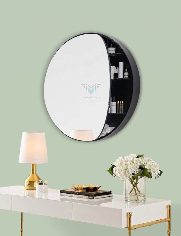Black Round Storage Mirror - Mirrorwalla