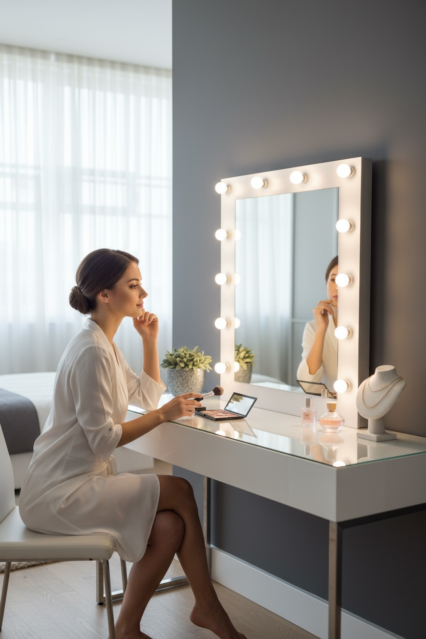 Glossy white hollywood makeup mirror