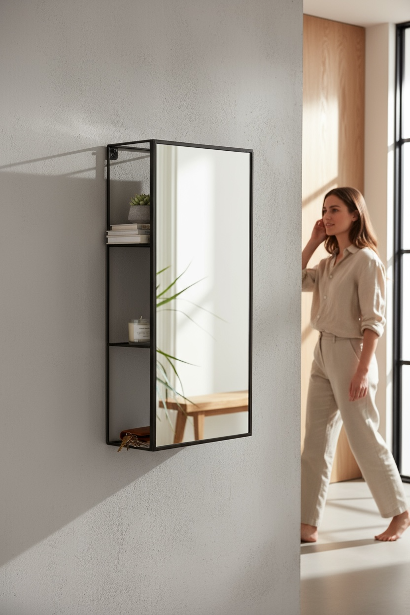 Black Metal Storage Mirror