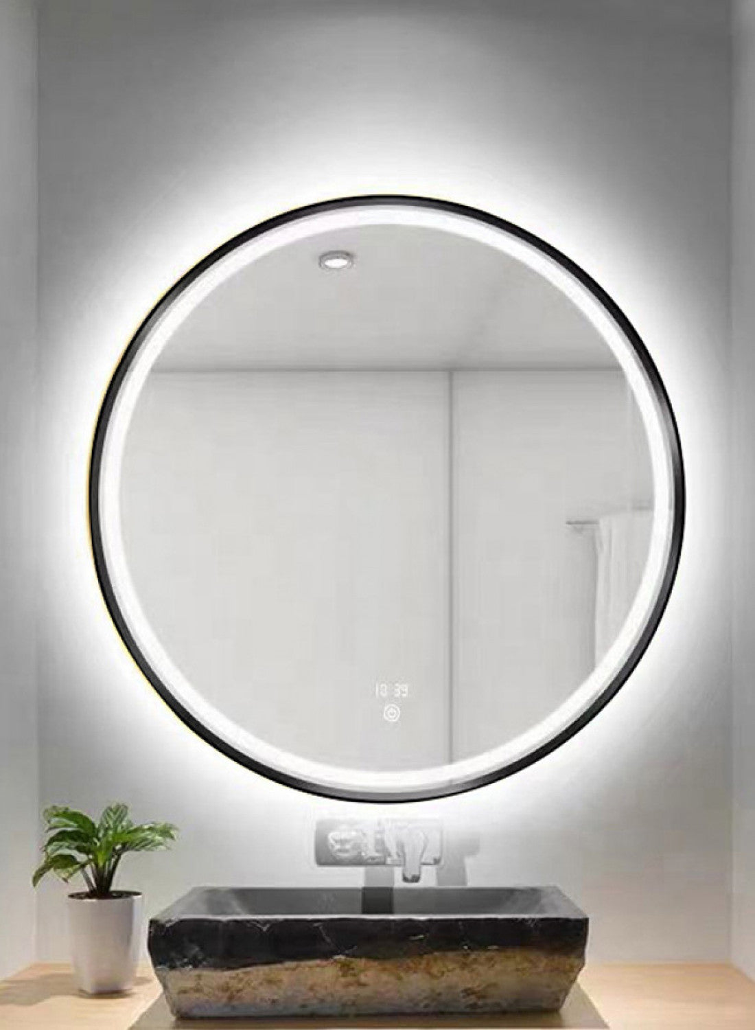 Black Aluminium Round Led Mirror (triple Led Lights)