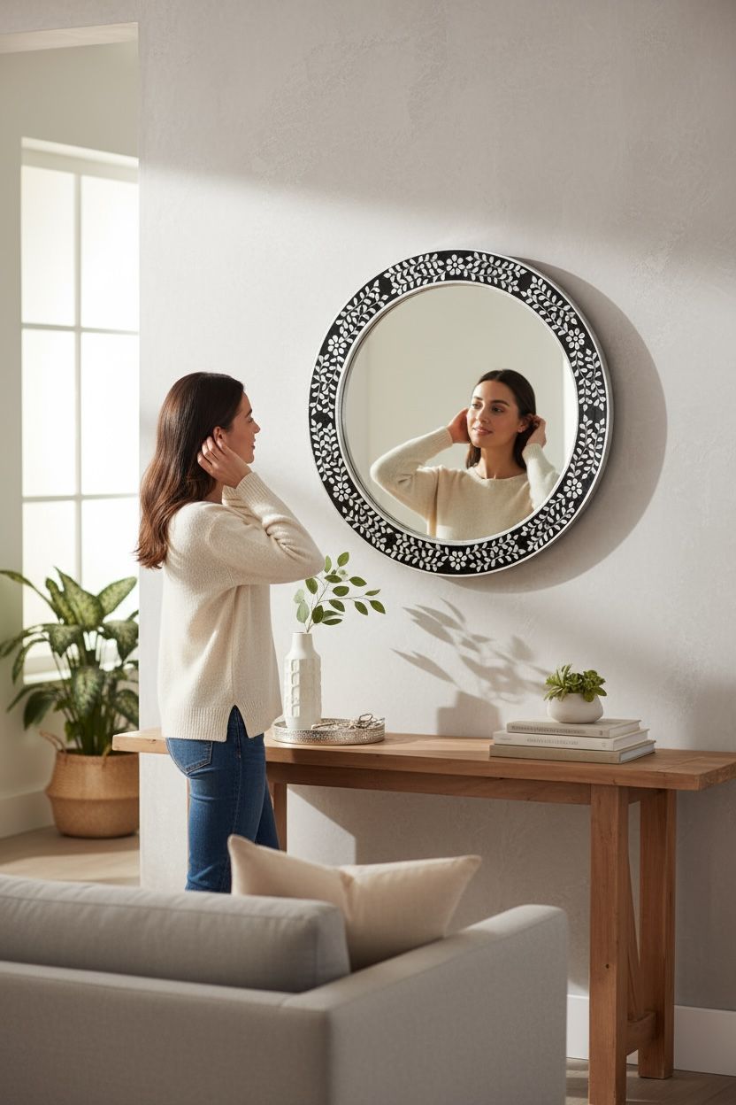 Floral Mother of pearl round mirror