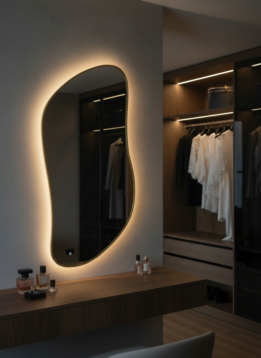 Rigo gold organic shape backlit mirror