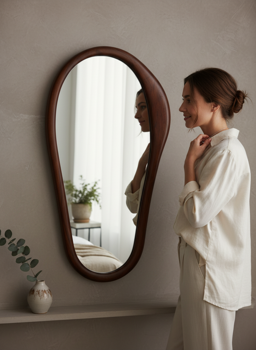 A woman in a white linen shirt and matching trousers stands beside a large, organic-shaped wall mirror with a dark brown wooden frame, looking at her reflection in a softly lit room.
