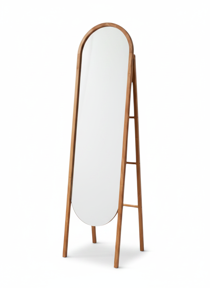 Round Teak Wood Standing Mirror