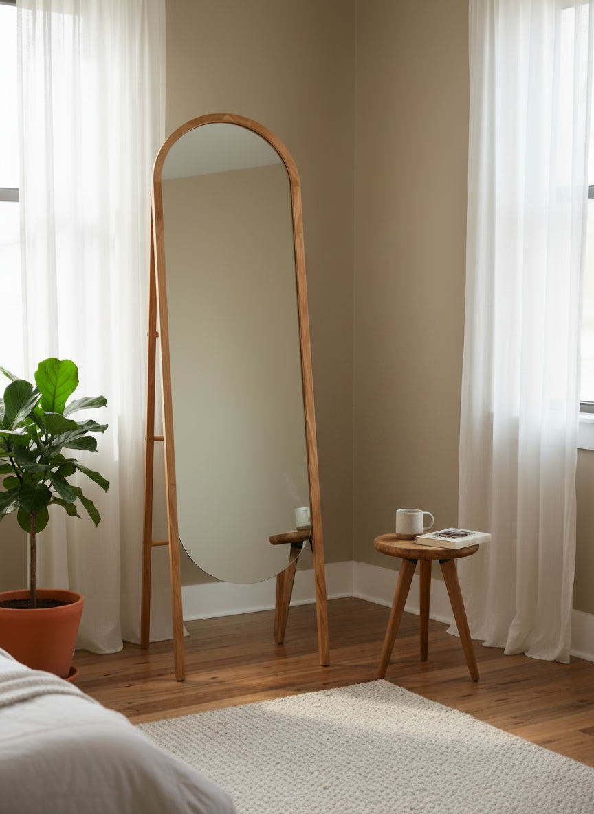 Round Teak Wood Standing Mirror