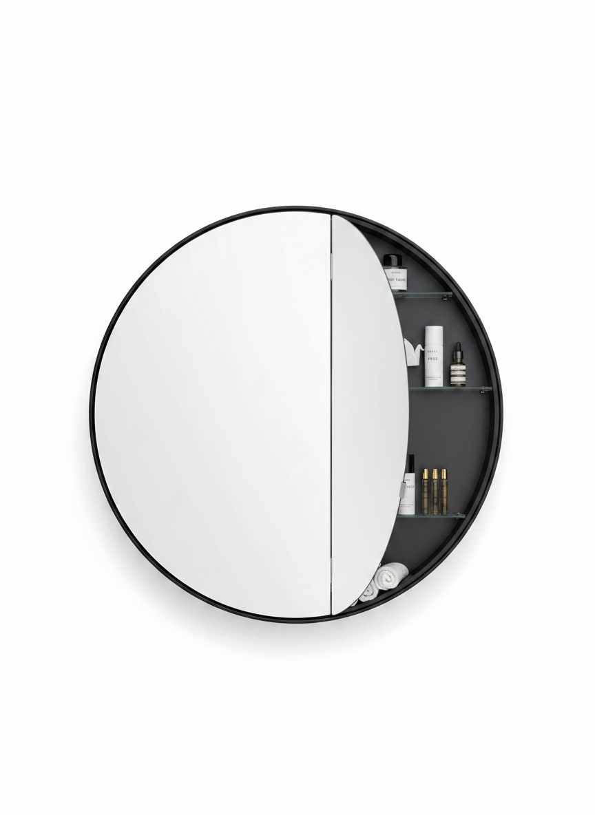 Black Round Storage Mirror