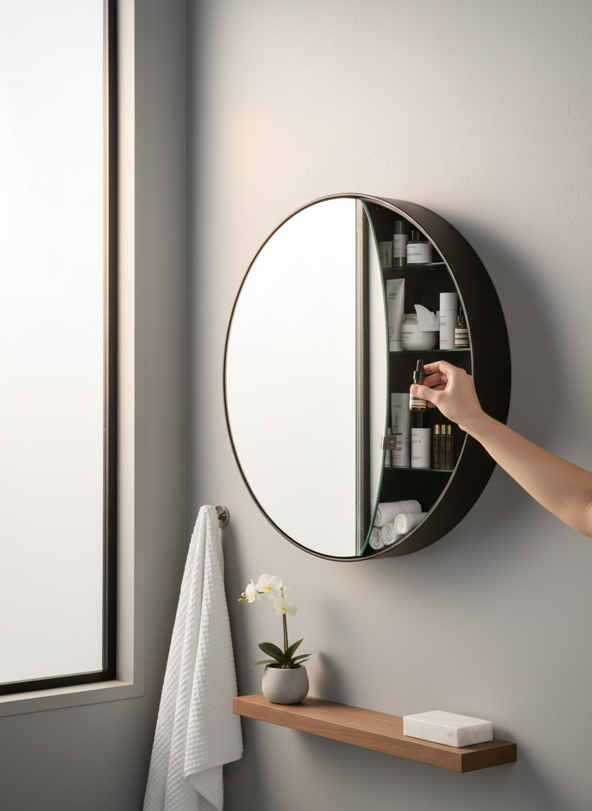 Black Round Storage Mirror
