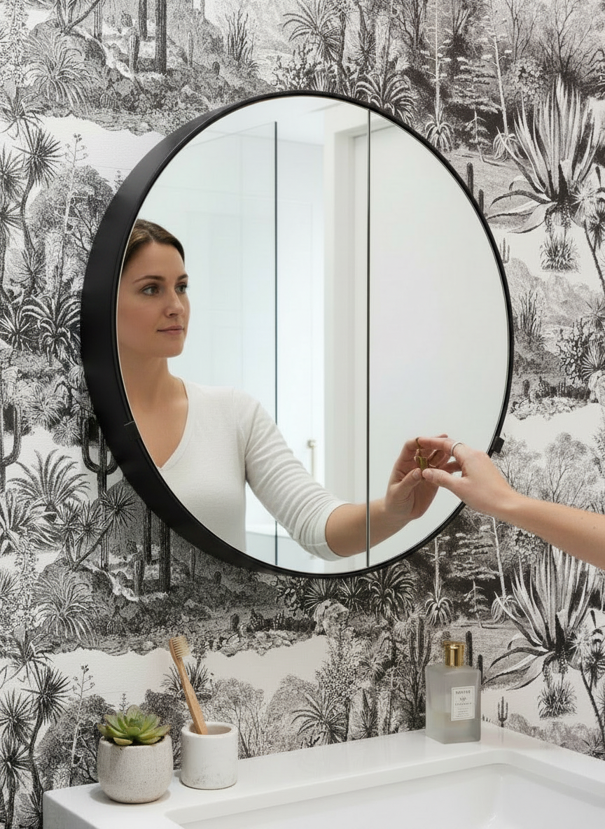 Black Round Storage Mirror
