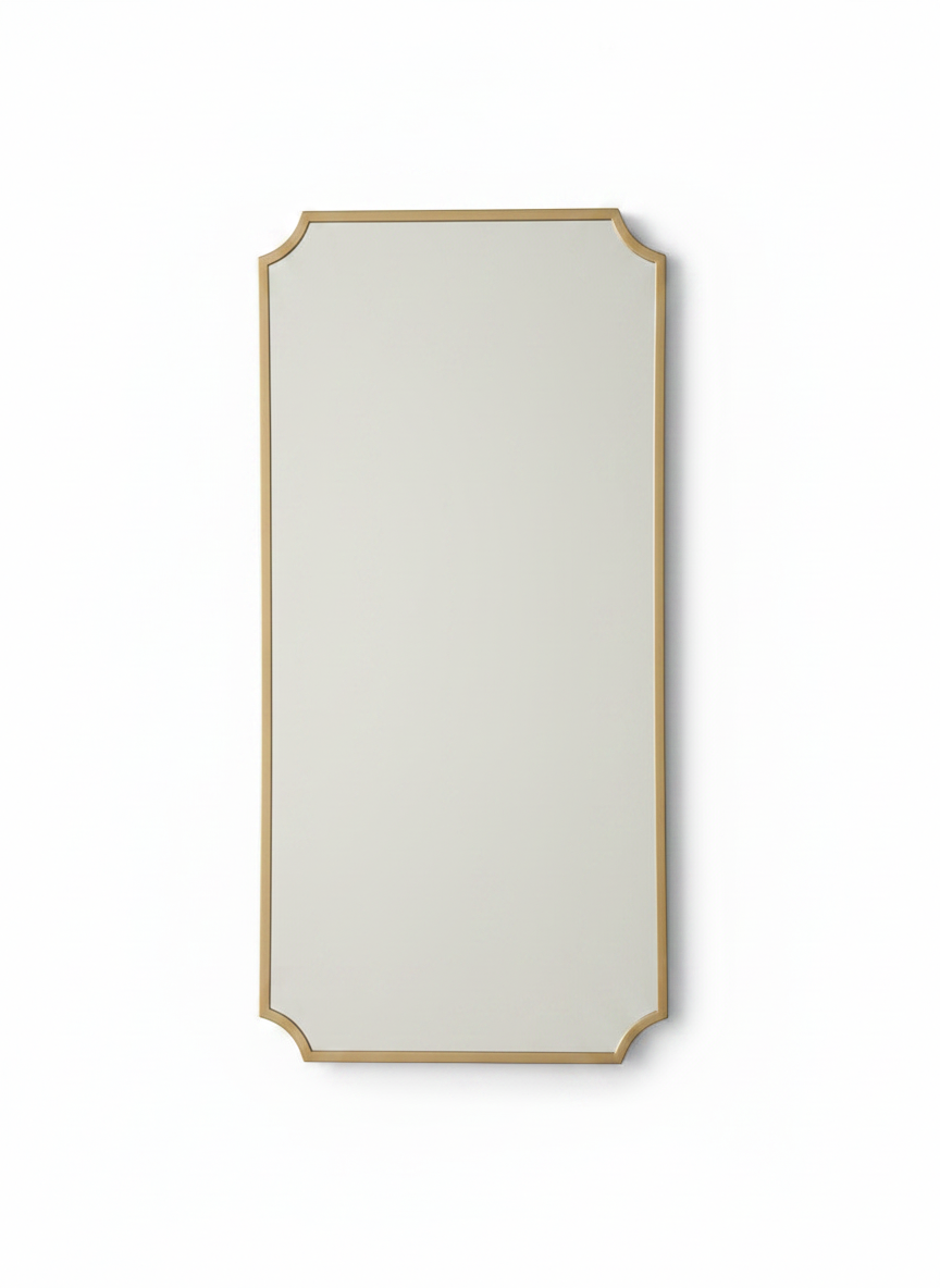 A tall, narrow rectangular wall mirror with a thin gold-toned decorative frame and rounded corners, shown against a plain white background.